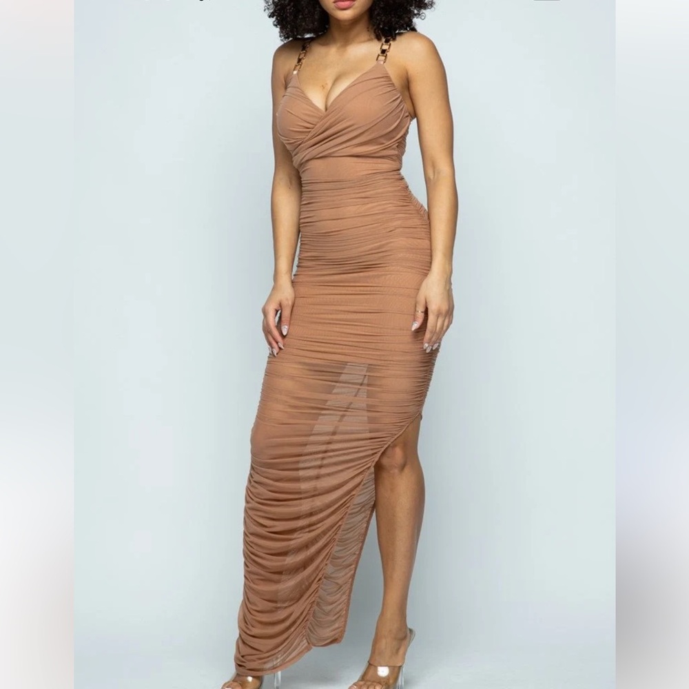 HERA Collection Tan Ruched Mesh Leg Slit Maxi Dress Size Small Formal Club Party